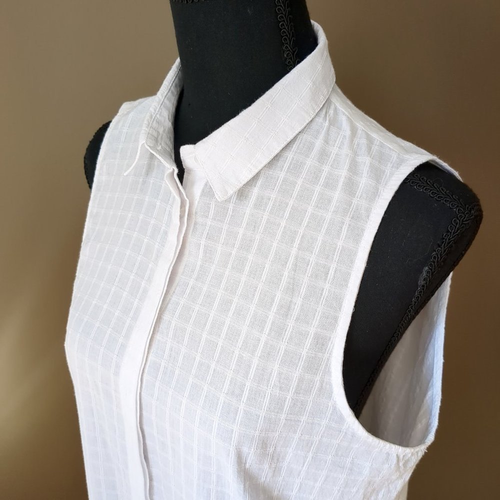 Kenar 100% Windowpane Lightweight Button Down Sleeveless Tank Top Tunic Blouse